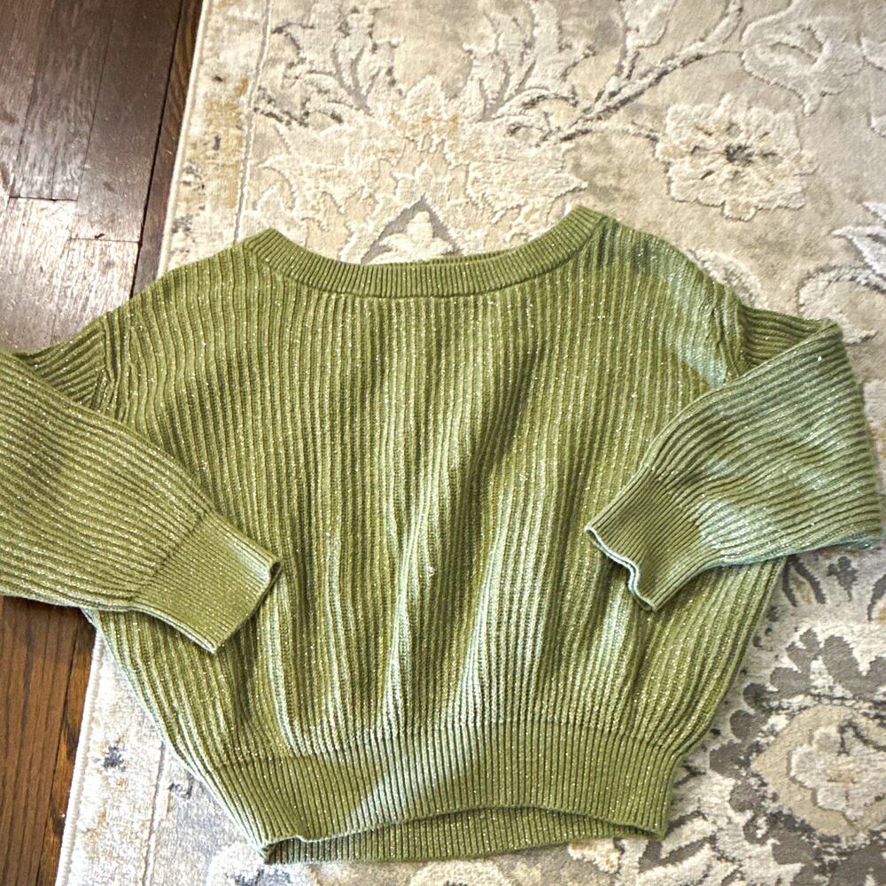 Anthropologie Green Metallic Rib-Knit Crew Neck Long Sleeve Pullover Sweater S